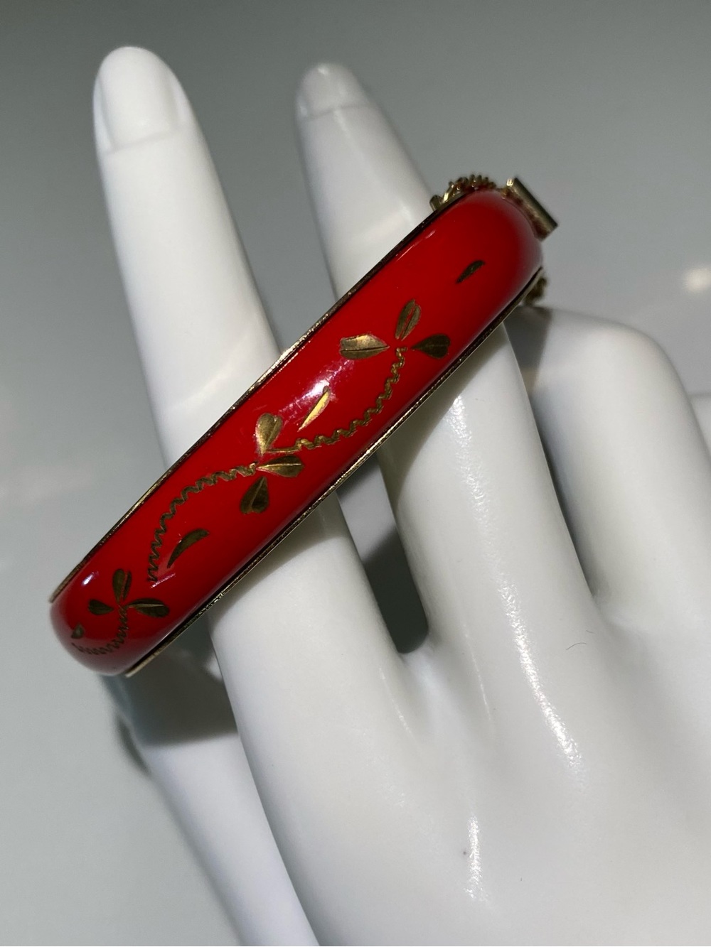 Hobe Red Enamel Hinged Bangle Bracelet with Gold Accents